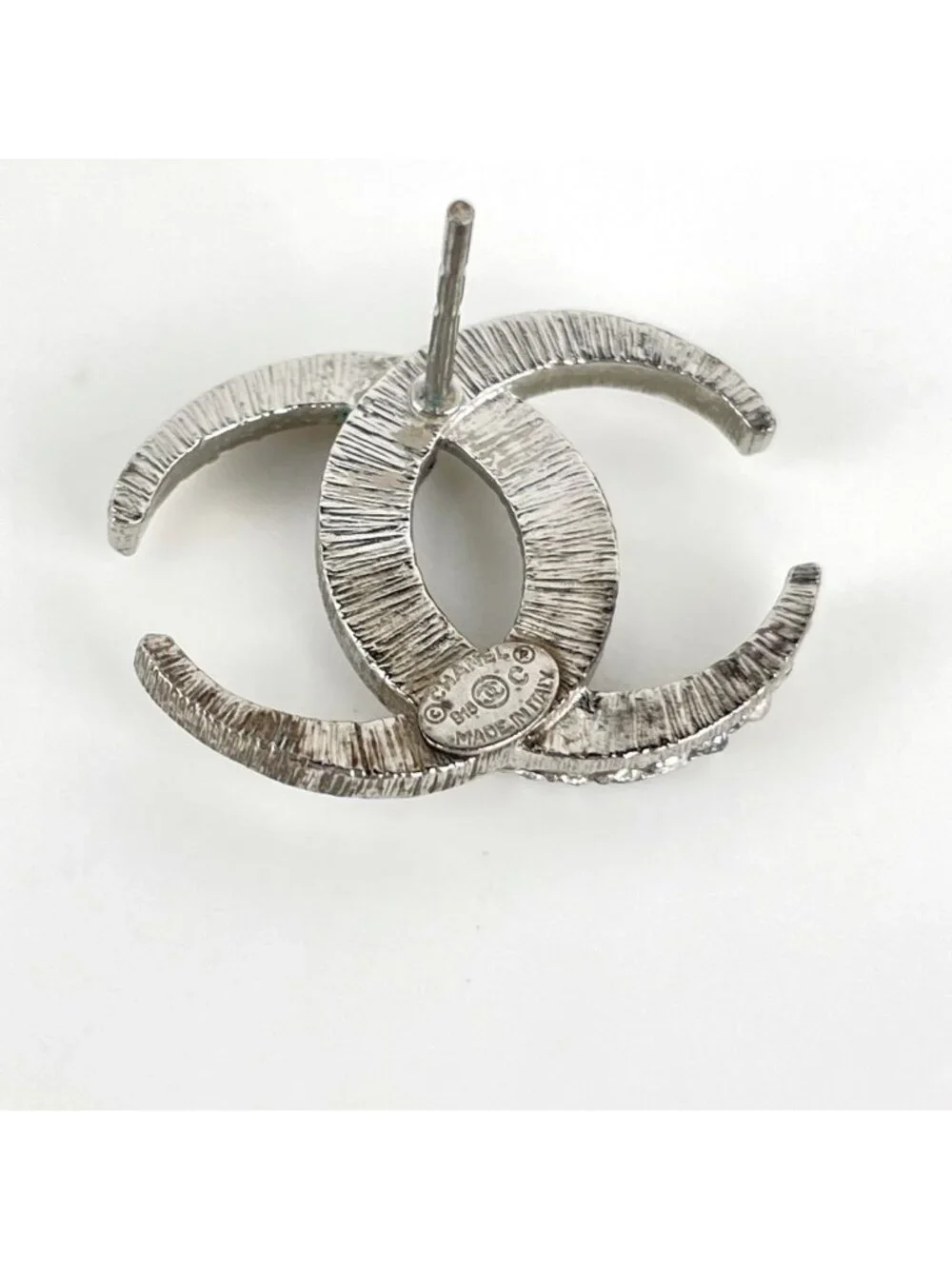 Chanel Earrings CC Logo Silver Plated Rhinestone